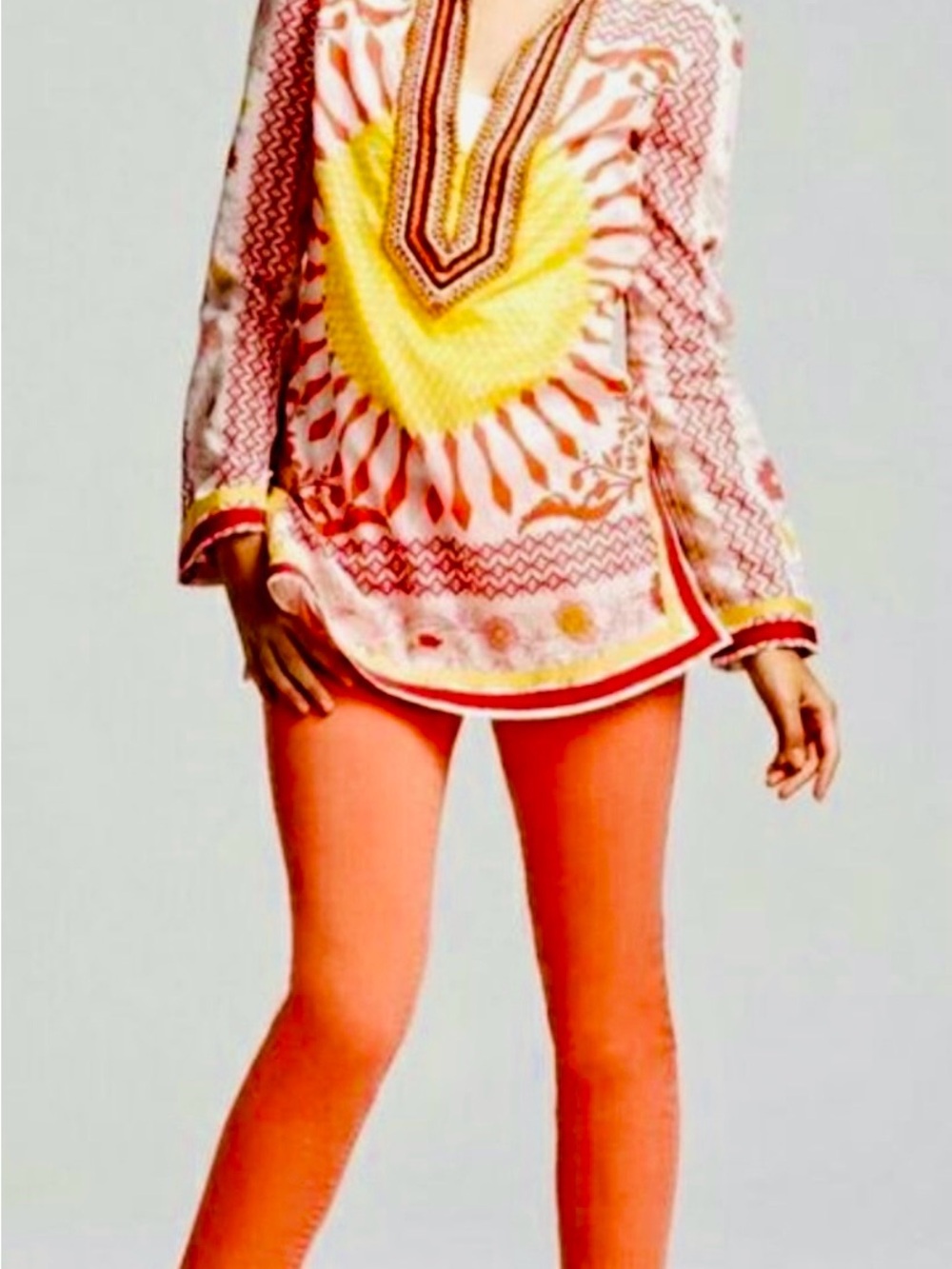Tory Burch Pink, Yellow and Red Embroidered Sunburst Tunic
